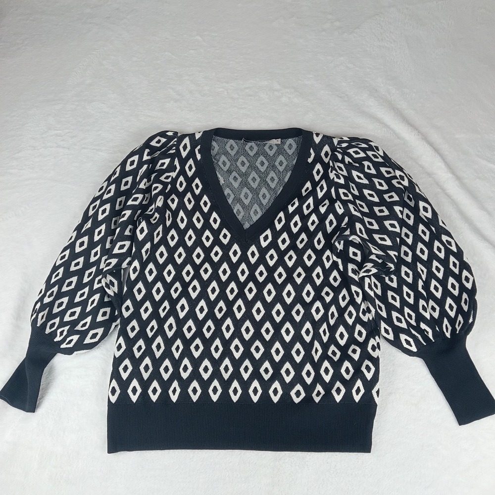 Summum Sweater Womens S Black White Argyle Print Knit Ribbed Hem V-Neck Pullover